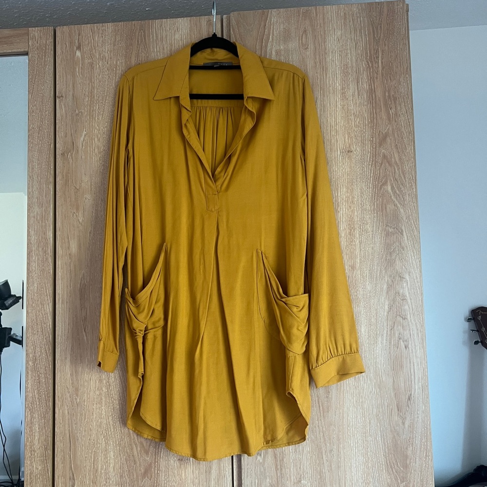 Relaxed Collared Tunic in Mustard with Draped Pockets